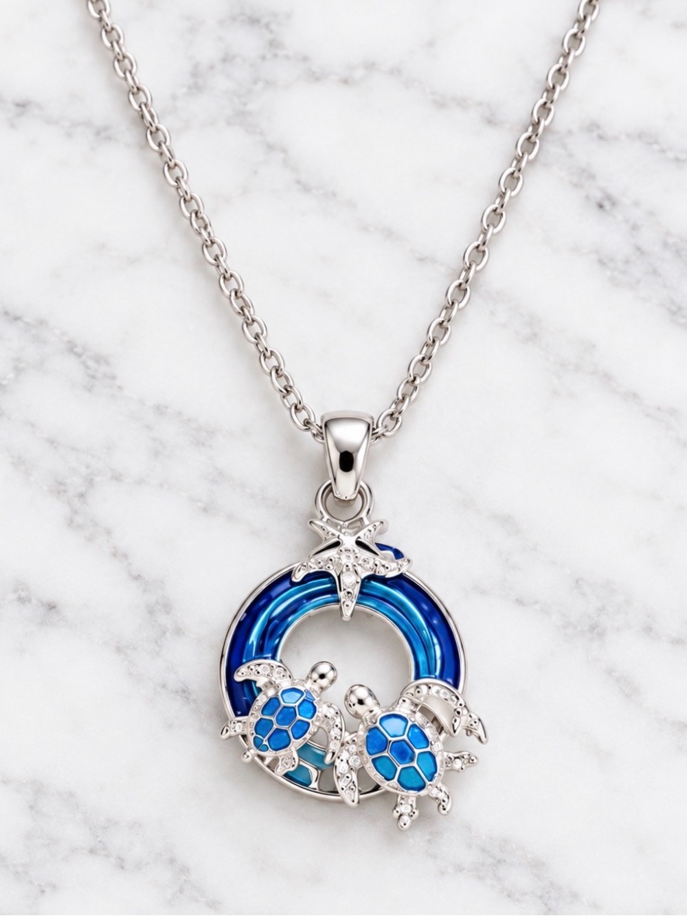 New-Silver-tone Blue Turtle Pendant Necklace With Gift Box - Picture 3 of 7